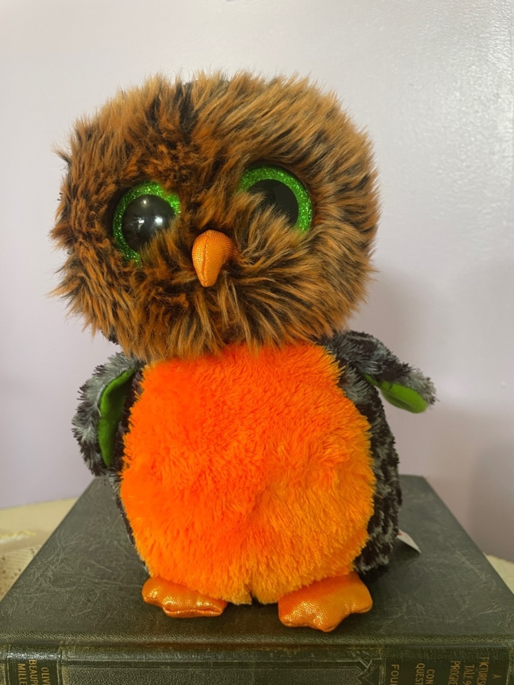 Ty Plush Owl with Green Glitter Eyes- beanie boos midnight the Halloween owl
